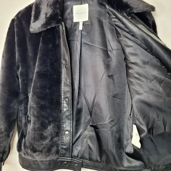 Alec Les Filles Black Faux Fur Aviator Biker Jacket Size Medium - Picture 7 of 11